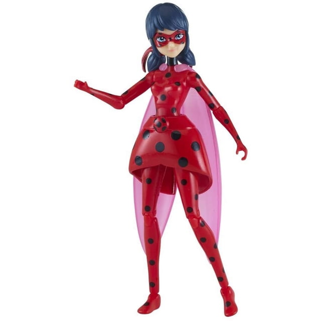 Miraculous 39870 Flutter Ladybug Figure with accessories, a 6-inch action figure featuring detailed styling and 11 points of articulation. The figure is dressed in a red and black polka-dot outfit with translucent pink wings and comes with accessories for imaginative play. Suitable for children aged 4 and up.