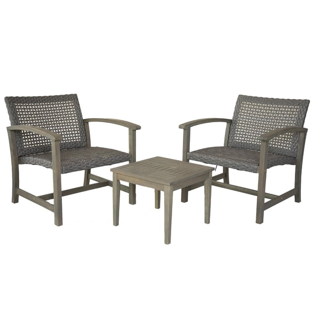 Patioflare Galena FSC Acacia Wood and Wicker Oversized Bistro Set with two grey-stained acacia wood framed chairs featuring hand-woven grey wicker seats and backs, and a square acacia wood table, ideal for outdoor patios and small spaces, also suitable for casual outdoor reading or coffee breaks.