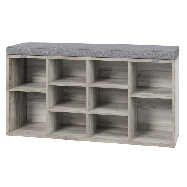 BeesClover Multi-Functional Entryway Bench with Shoe Storage, Padded Seat, 10-Cubby Adjustable Shoe Organizer – Small Shoe Rack Bench with Side Pockets for Hallway, Bedroom, Mudroom, and Living Room