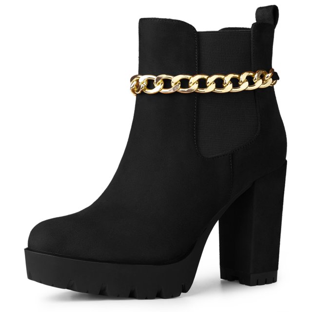 BLISSFUL STEP Bottines à Talon Haut Bloc à Chaîne Plateforme pour Femmes Noir 6