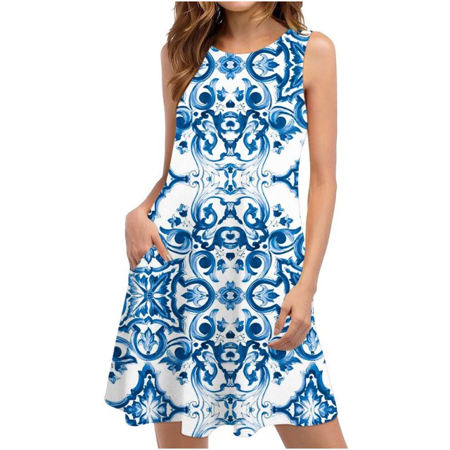 EGNMCR Robes d'Été Femmes Tendance 2024 Robes d'Été pour Femmes Plage Floral T-Shirt Robe Soleil Décontractée Poches Boho Robe Débardeur