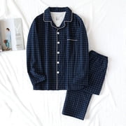 RKSTN Pajamas Set For Men Soft Long Sleeve Plaid Print Pajamas Sets Solid Color Lapel Collar Button Up Sleepwear Fall Winter Lightweight 2 Piece Comfy Sleepwear