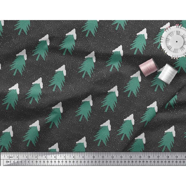 Soimoi Poly Georgette Fabric Snow & Tree Christmas Decor Fabric Printed Yard 52 Inch Wide