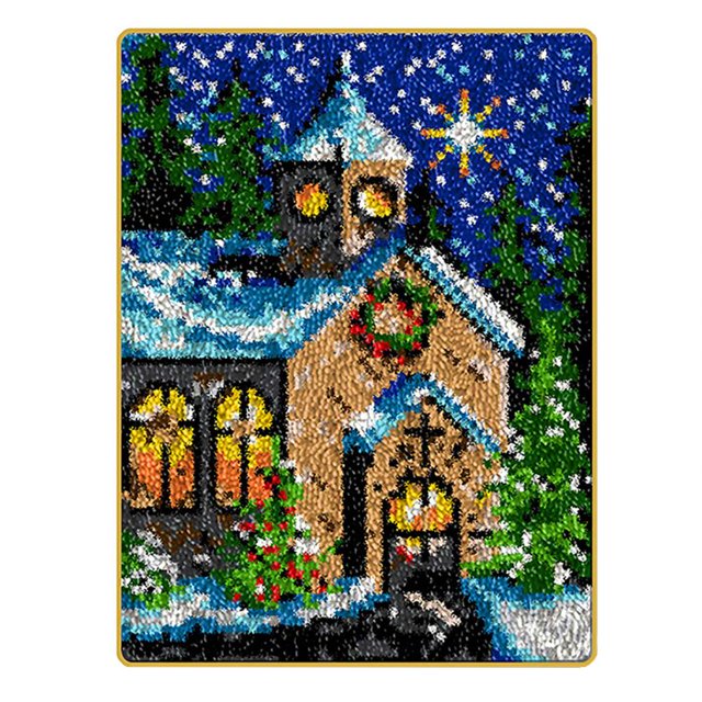 Latch Hook DIY Tapestry Rug Carpet Cushion Making kit featuring a Christmas-themed design of a snow-covered church with glowing windows, a wreath, and a starry night sky. The kit includes pre-cut acrylic yarns, a latch hook tool, a blank cushion canvas, and instructions. Finished size is approximately 50x38cm (19.69x14.96 inches), suitable for home decor, car cushions, or area rugs.