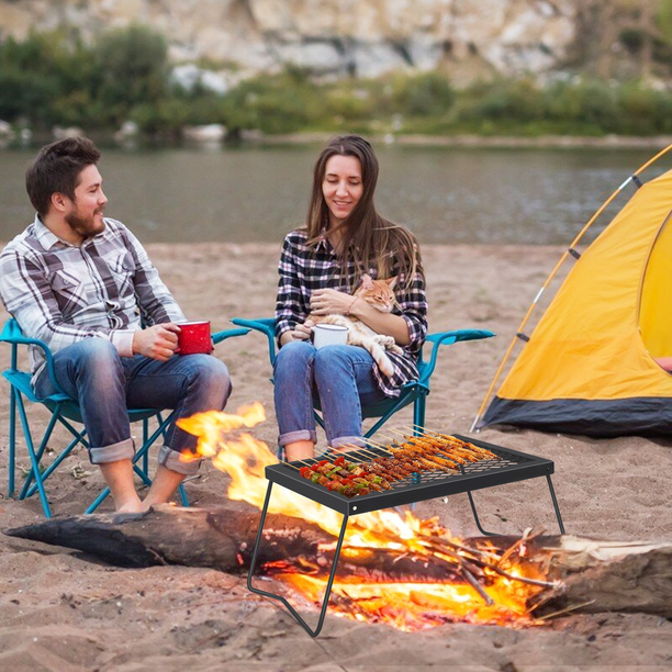 Grille De Camping Pliable En Acier Inoxydable – Hauteur Réglable 2 Niveaux, Anti-Rouille – Pour Feu De Camp, Barbecue, Cuisine En Plein Air – 38x15x12 Cm