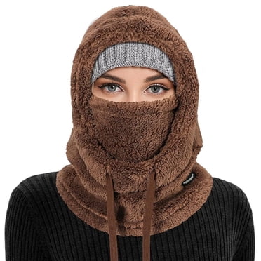 QKURT Winter Thermal Fleece Balaclava, Unisex Windproof Ski Mask Face Cover, Winter Fleece Hat Hood with Neck Warmer Snood for Men Women, Outdoor Sports Running Skiing Cycling Hiking,Brown