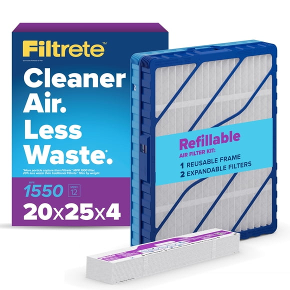 Filtrete 20x25x4 Refillable Air Filter Starter Kit, MPR 1550, MERV 12, 1 Reusable Air Filter Frame & 2 Air Filters, Fits Honeywell & Lennox, Allergen