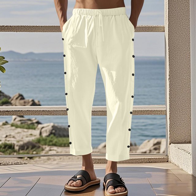 FcBaudy Full Length Pants Men's Casual Holiday Pocket Drawstring Solid Color Elastic Waist Cropped Pants Men Pants