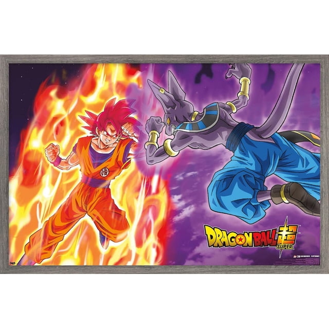Dragon Ball : Super - Affiche Murale de Bataille de Dieux, 22,375 Pouces x 34 Pouces Représente Goku en Forme de Dieu Super Saiyan Rouge Entouré de Flammes orange à Gauche, Face à Beerus, le Dieu Violet de la destruction Portant un Pantalon Bleu et des bracelets Dorés à Droite, sur un Fond Cosmique Violet avec le logo Dragon Ball Super en Bas à Droite. Cette Affiche Brillante Convient à l'Encadrement Ou au Montage comme art Mural vibrant dans les Chambres, Bureaux Ou Dortoirs