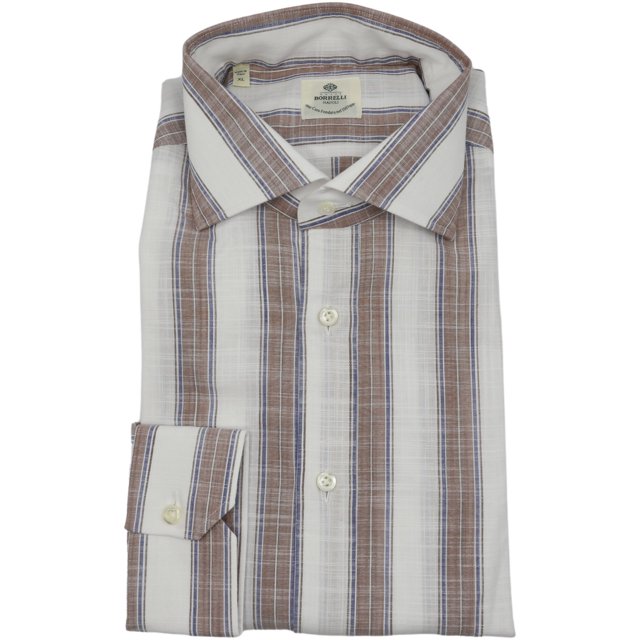 Borrelli Chemise Blanche pour Homme avec Bleu et Brun Robe à Rayures en Lin - m