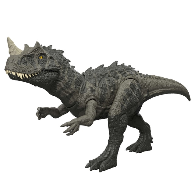 Jurassic World Wild Roar Ceratosaurus Dinosaur Action Figure Toy in 3/4 profile with textured dark gray and black body, beige horn on snout, yellow eyes, and sharp teeth. The 12.4-inch figure has movable joints, button-activated light and sound effects, and a scannable code on its foot for app interaction, ideal for imaginative dinosaur play.