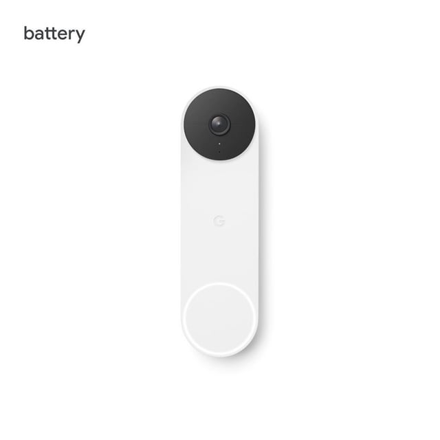 Google Nest (Battery) Wire-Free Video Doorbell in snow color with a slim vertical design, featuring a black circular camera lens at the top and a white body with a subtle Google 'G' logo, suitable for smart home security and easy self-installation without wiring.