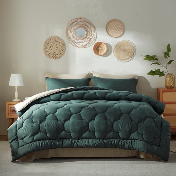 Bedtreat King Comforter Sets,7-Pieces Reversible Bedding Sets,Bed in a Bag with Comforter, Flat Sheet and Fitted Sheet, Pillowcases & Shams,Green/Milky Coffee