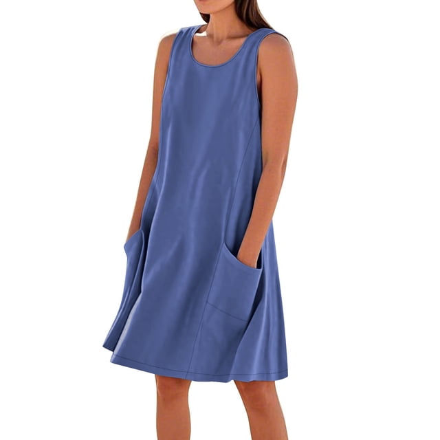 Kyusrd Robe Débardeur d'Été pour Femmes Robe Courte Col Rond Sans Manches Robe T-Shirt Robe Trapèze Robe en Lin avec Poche