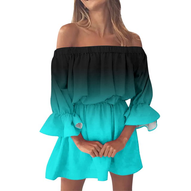 Kcodviy Robe d'Été Midi à Épaules Dénudées pour Femme, Robe d'Été Ample à Imprimé Floral Boho, Robe pour Femme, Blouse à Manches Évasées, Robes d'Été Mini avec Mi-Longues, Robe d'Été pour Femme à Manches Longues
