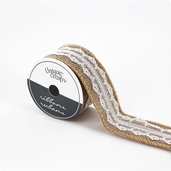 UNIQUE CREATIV Burlap Ribbon, White Lace, 38 mm × 1.83 m (1.5 in × 2 yd)