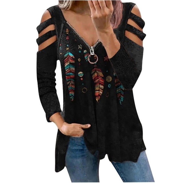Pompotops Mode Femmes T-shirt Décontracté à Manches Longues Imprimé Col en V avec Fermeture Éclair