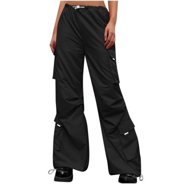 QUYUON Pants for Women Fashion Multi Pocket Overalls Elastic Waist Sports Pants Wide Leg Pants for Women Long Pant Leg Length Joggers Pant Style N-482 Black S