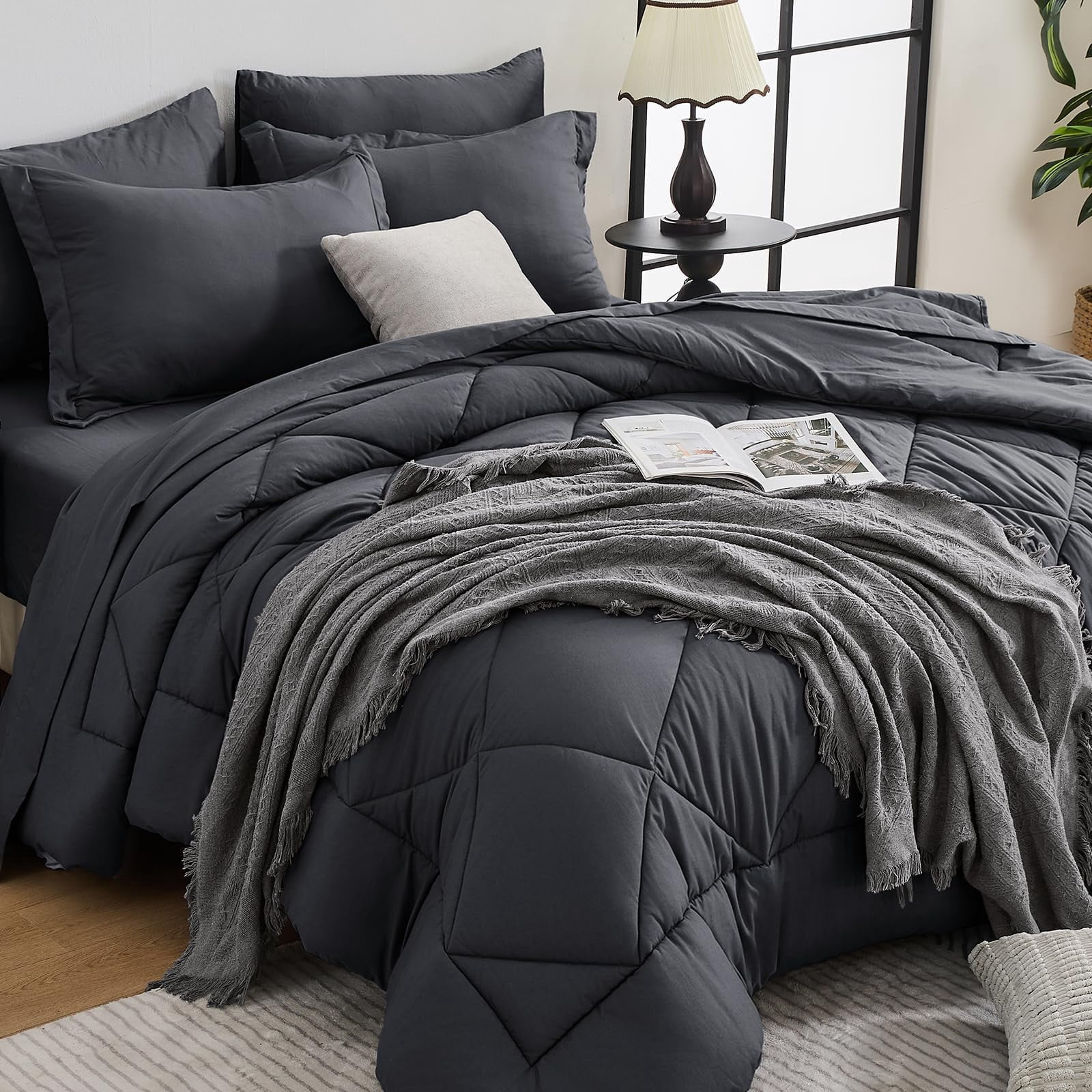 HEVUMYI Twin Comforter Set - 5-Piece All Season Bed in a Bag Twin, Ultra Soft Bedding Set with Comforter, Flat Sheet, Fitted Sheet, Pillowcases, Pillow Shams, Dark Grey