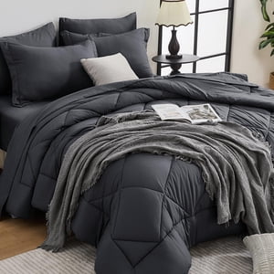 HEVUMYI Twin Comforter Set - 5-Piece All Season Bed in a Bag Twin, Ultra Soft Bedding Set with Comforter, Flat Sheet, Fitted Sheet, Pillowcases, Pillow Shams, Dark Grey