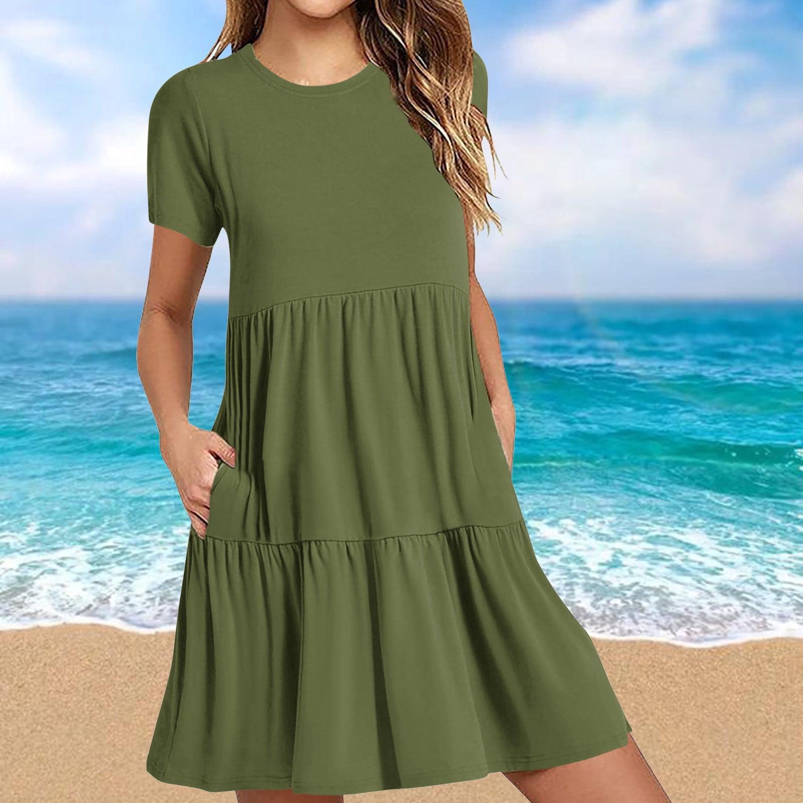 Robes d'Été Grande Taille pour Femmes 2024 Décontractées à Manches Courtes Robe T-Shirt Robes Mini à Étages avec Poches Économisez jusqu'à 65 % de Rabais!