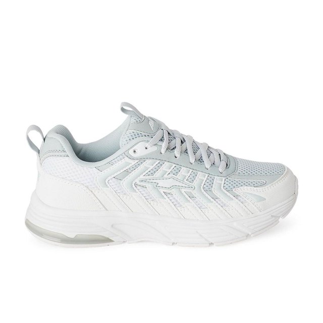 Avia Women's Sneakers in white and light grey, side view showing synthetic, faux leather, and mesh upper with lace-up closure, round toe, thick non-marking rubber sole with air cushion, and pull loops on heel and tongue for easy wear, providing lightweight support suitable for walking and running errands.