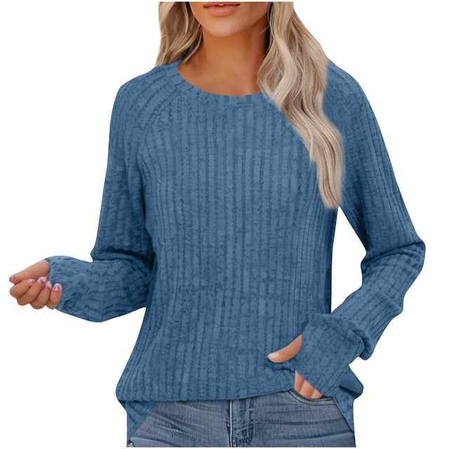 yoeyez Tunique en Tricot pour Femmes, Chandails à Manches Torsadées Patchwork, Col Ras du Cou Raglan, Chemises à Manches Longues, Hauts Mode Automne 2024, Bleu, TTG