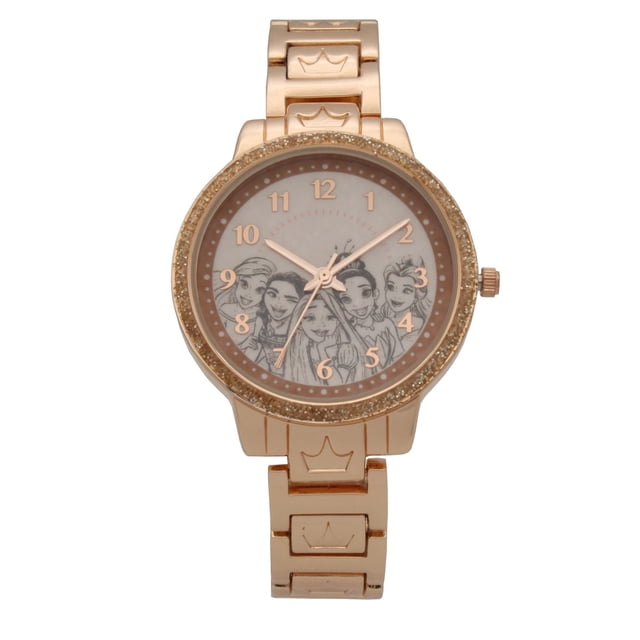 Adult Princess Fashion Bracelet Watch with a 35mm rose gold case and matching link bracelet featuring crown motifs, rose gold hands, and an analog dial with a princess illustration, suitable for everyday wear and gifting.