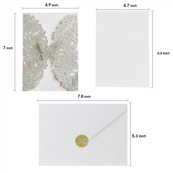 20 Set Butterfly Invitation Cards Lace Wedding Invitations with Envelopes(Silver Glitter)