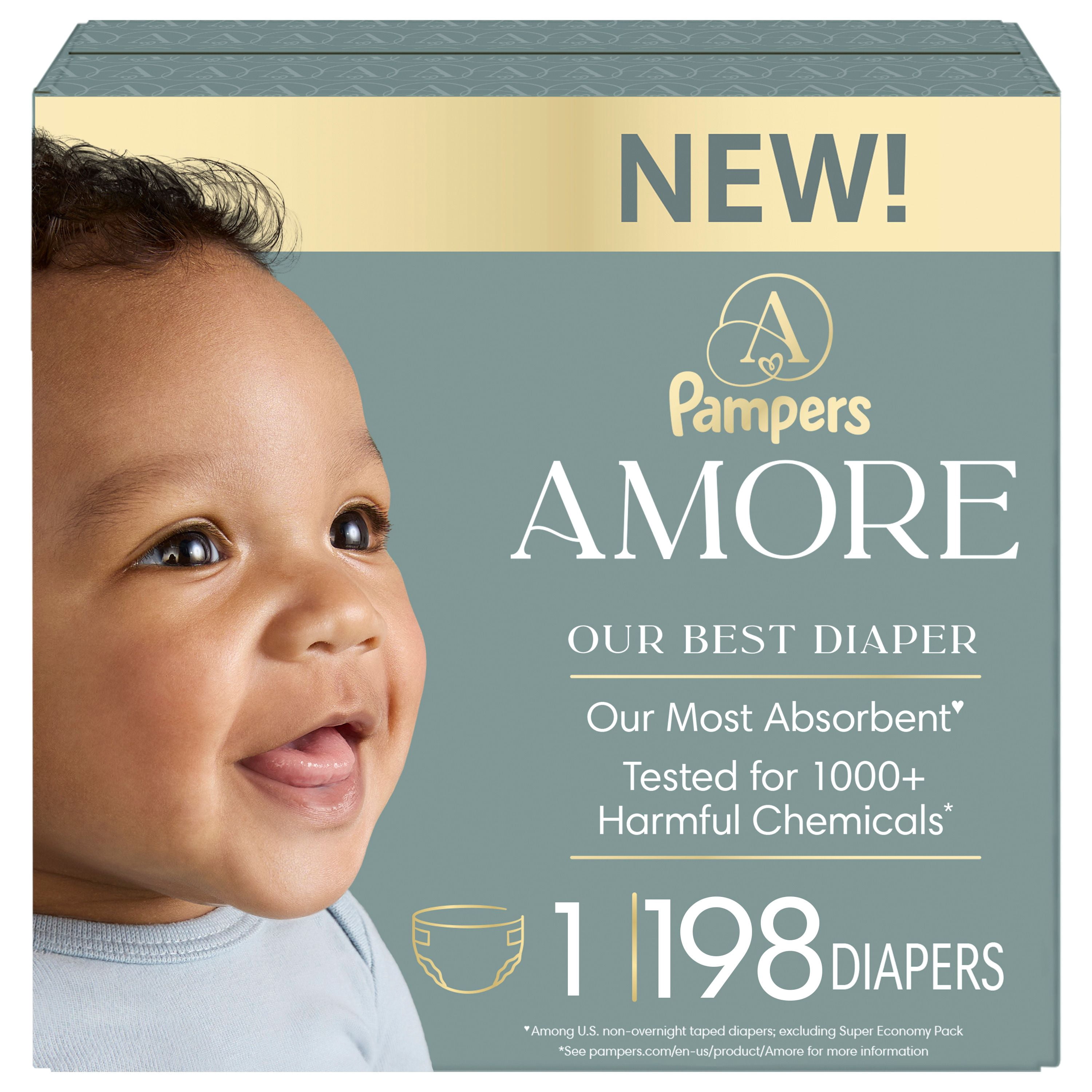 NEW Pampers AMORE, Size 1, lbs (8-14 lbs), 198 Count, Our Best Diaper