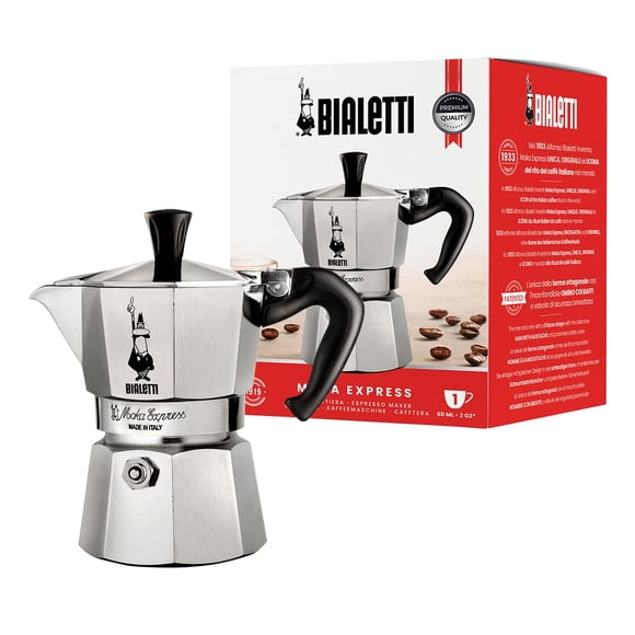 Bialetti - Moka Express: Iconic Stovetop Espresso Maker, Makes Real Italian Coffee, Moka Pot 1 Cup (2 Oz - 60 Ml), Aluminium, Silver