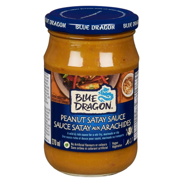 Blue Dragon Peanut Satay Cooking Sauce in a 270ml clear glass jar with blue lid, labeled as a mild and rich vegan Asian sauce for stir fry, marinade, or dip, containing no artificial flavors or colors, with bilingual English and French text.