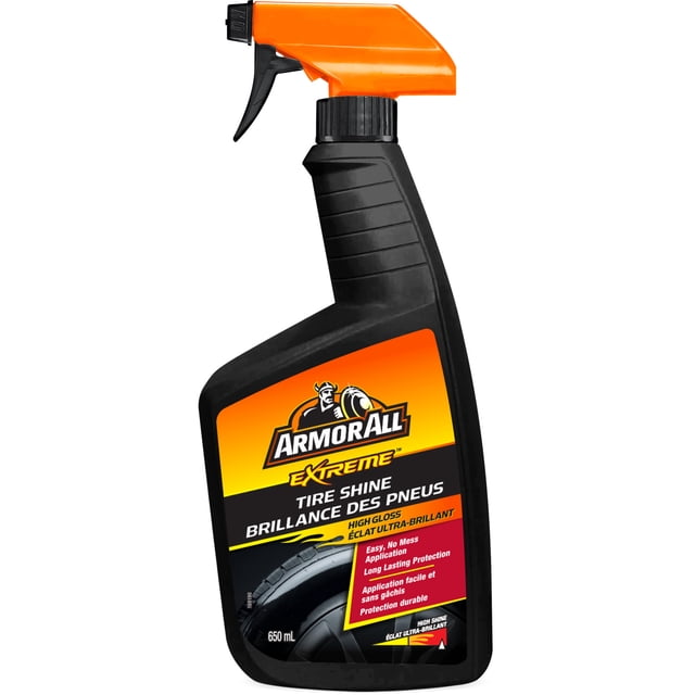 Armor All Extreme Tire Shine spray bottle with an orange trigger and black body, labeled for high gloss tire shine, easy no mess application, and long-lasting protection, containing 650 mL, ideal for automotive maintenance and tire cleaning.