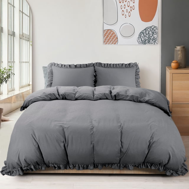 PiccoCasa 3 Pieces Soft Ruffled Brushed Duvet Cover Sets 110GSM Dark Gray Queen