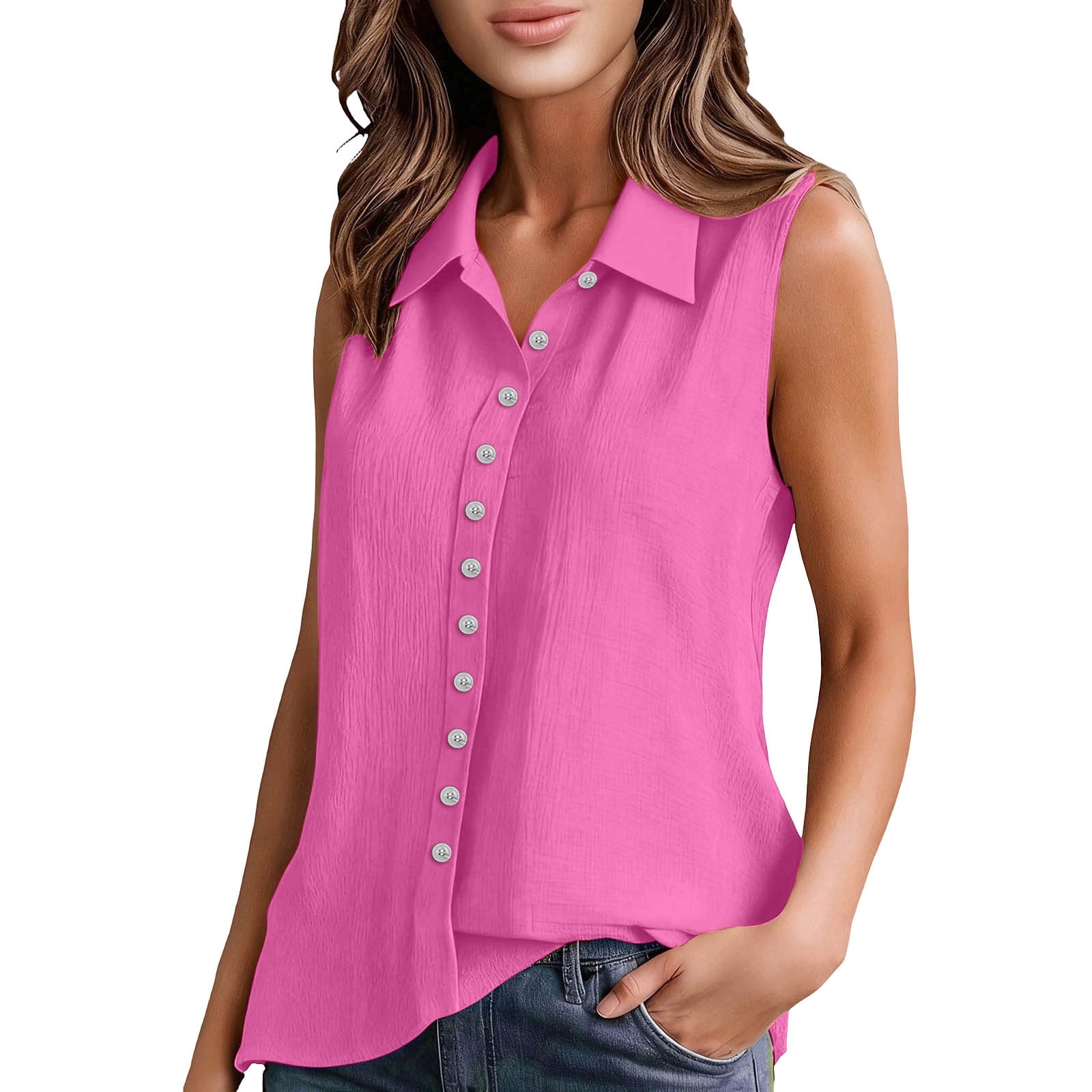 Ymauqau Women's Sleeveless Button down Shirts Collared Curved Hem