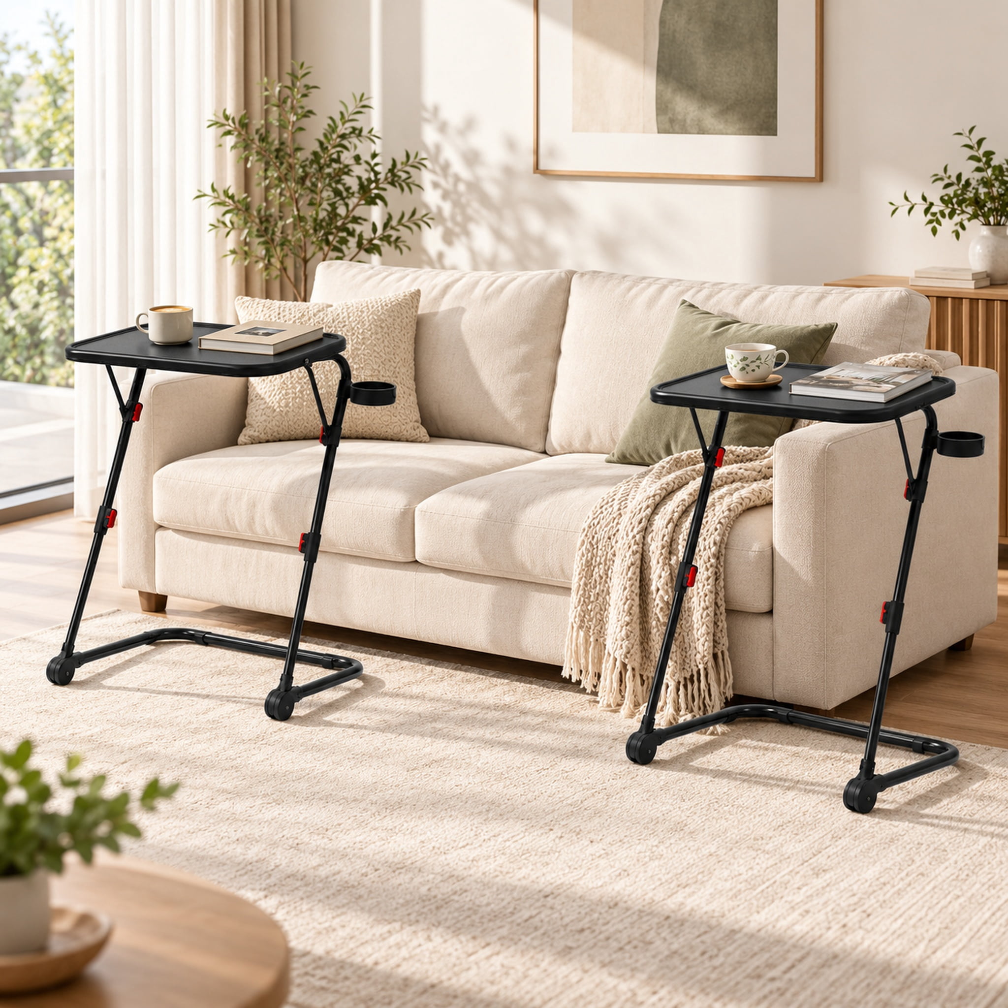 Homy Casa Adjustable Folding Sofa Tables Set of 2, Height Adjustable Tray Tables with Cup Holders for Living Room, Black