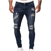 FcBaudy Full Length Pants Men's Casual Straight Ripped Hole Trousers Jeans Pants Full Length Pants Men Pants