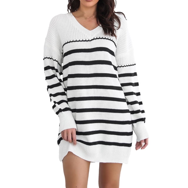 FcBaudy Robe à Manches Longues à Col en V, Robes d'Été pour Femmes, Robes pour Femmes Robe en Tricot pour Femme Ample et Confortable Robe Chandail à Rayures à Col en V pour Femme Robe pour Femme