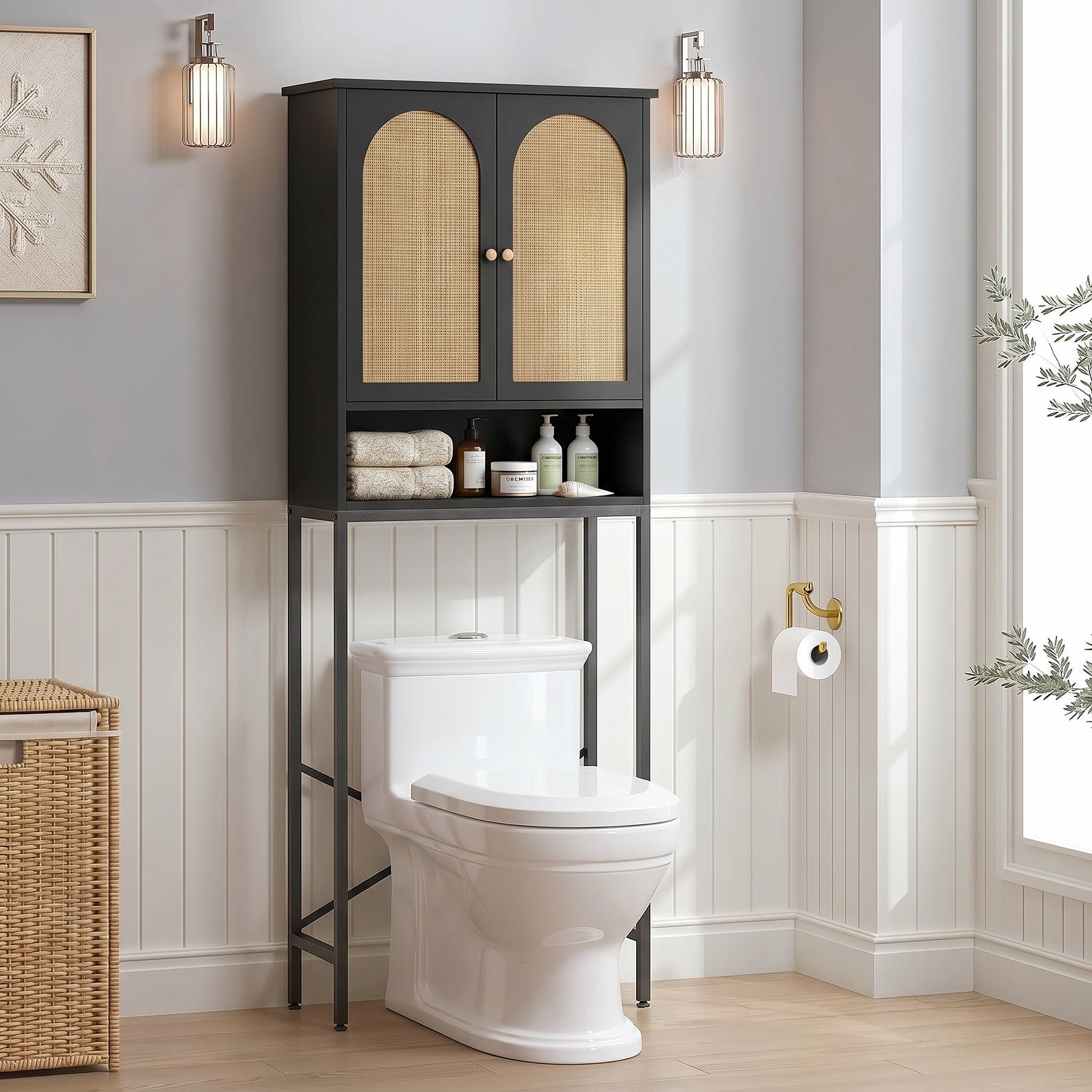 Conate Rattan Toilet Storage Cabinet, Over The Rack Wood Cabinet with Metal Stand, Bathroom Organizer with Adjustable Shelf, Tall Freestanding Washer Shelf, Small Cupboard, Black