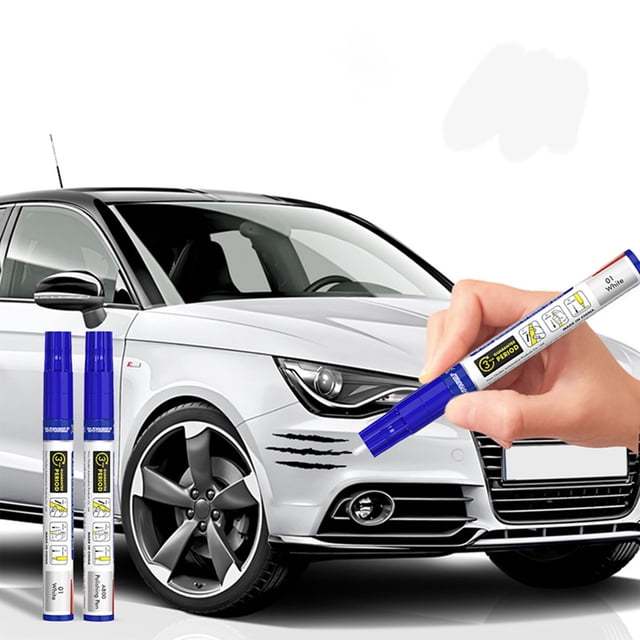 Dvkptbk Touchs Up Paint for Cars, a two-in-one white car paint scratch repair pen, shown in use on a white car with visible scratches. The compact design features blue caps and clear labeling. Two pens are displayed alongside the car, ideal for quick auto body repair and scratch removal for minor automotive damage.