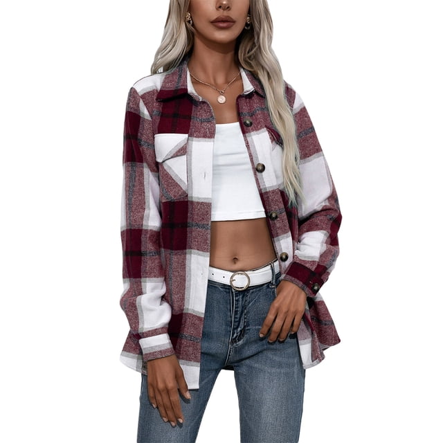 Women Plaid Flannel Shirt Jacket Button Down Lapel Long Sleeve Shacket Cardigan Coats Fall Spring Clothes