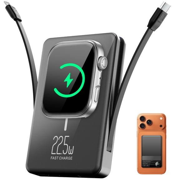 Magnetic Portable Charger with Built-in-Cable, iWatch Charger, 10000mAh Power Bank with Display, Foldable Stand, 22.5W Fast Charging Travel Battery Pack Compatible with iPhone and Apple Watch