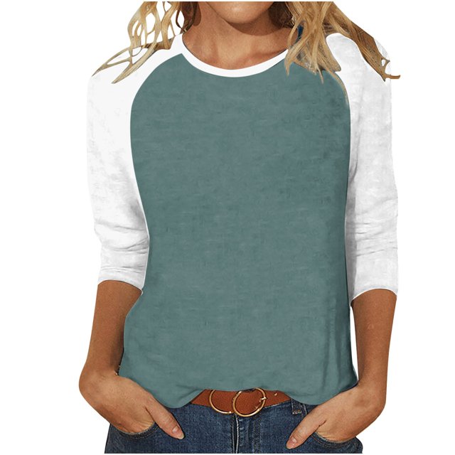 Birdeem T-Shirt Mode Femme Patchwork Imprimé Bloc de Couleur Manches 3/4 Blouse Col Rond Hauts Décontractés