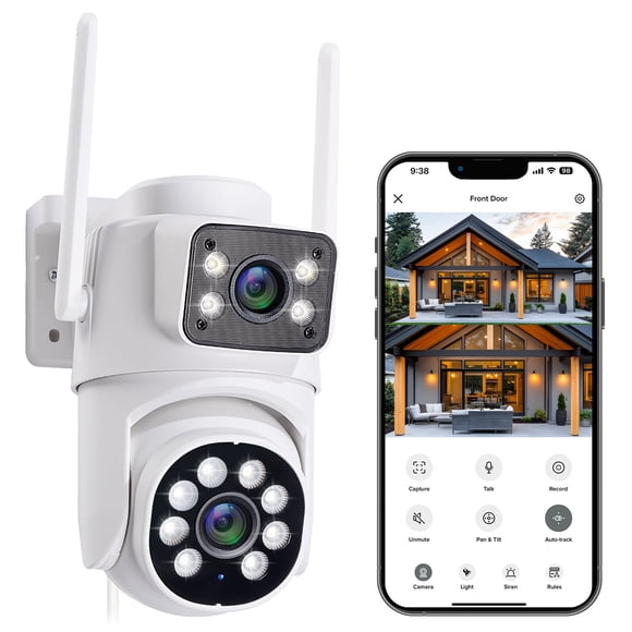 Refurbished Merkury Smart Outdoor Security Camera, Dual-Lens Pan-Tilt, 1080p HD, Night Vision, Two-Way Audio, White, 1-Pack, MIC-CW084-199W