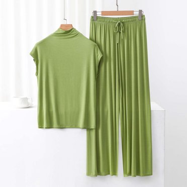 Weiqiqre Pyjama en Soie pour Femmes, Hauts Côtelés à Manches Courtes, Pantalons à Jambes Larges, Pyjamas Confortables, Ensemble de Détente 2 Pcs, Tenues Mignonnes