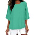 thumbnail image 3 of QATAINLAV Ventes de Rentrée Scolaire, T-Shirts Surdimensionnés pour Femmes Manches 3/4 Col Ras du Cou Hauts Décontractés Amples T-Shirts Basiques Blouse Coton Lin Tenues Tendance Été 2025 Vert Menthe G, 3 of 5
