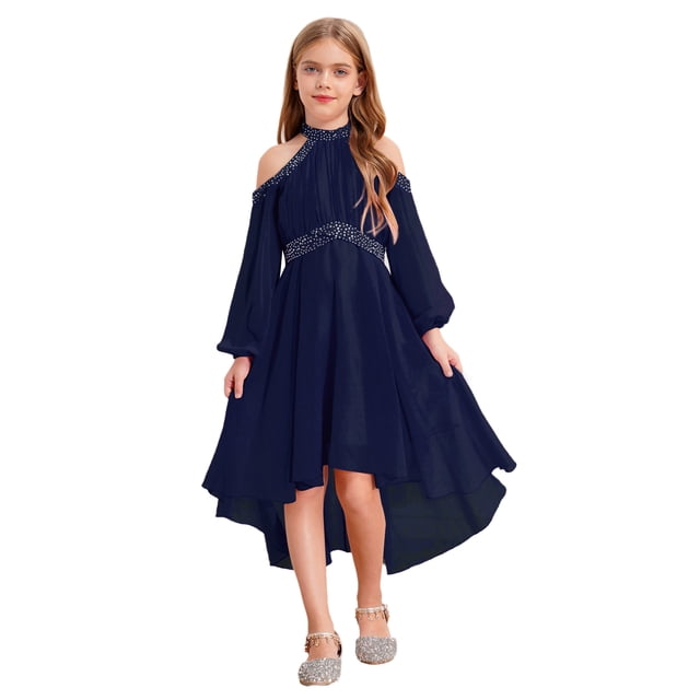 Oyolan Kids Girls Solid Color Halter Off-shoulder Long Sleeve Party Dress with Ruffled Hem Flower Girls Gown Navy Blue 16