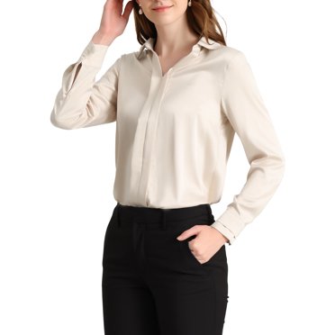 INSPIRE CHIC Women's Elegant Shirts V Neck Point Collar Long Sleeve Smooth Satin Blouse XL Apricot