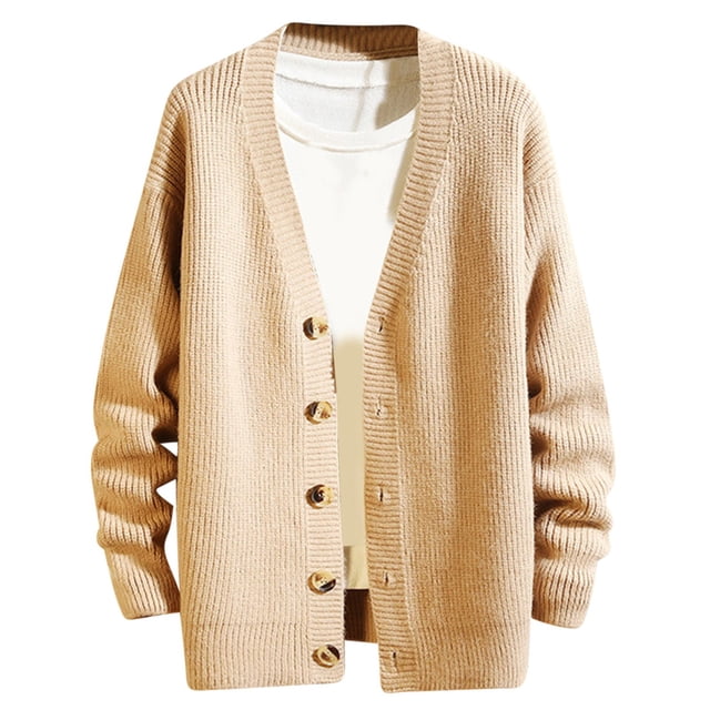 Grrvtrz Men's Casual Long Sleeve Deep V Neck Button Down Sweater Comfy Solid Color Sweater Coat Rib Knit Cardigan Sweaters
