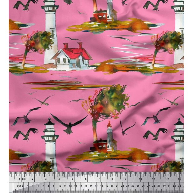 Soimoi Poly Georgette Fabric Lighthouse,Bird & Tree Nature Decor Fabric Printed Yard 52 Inch Wide